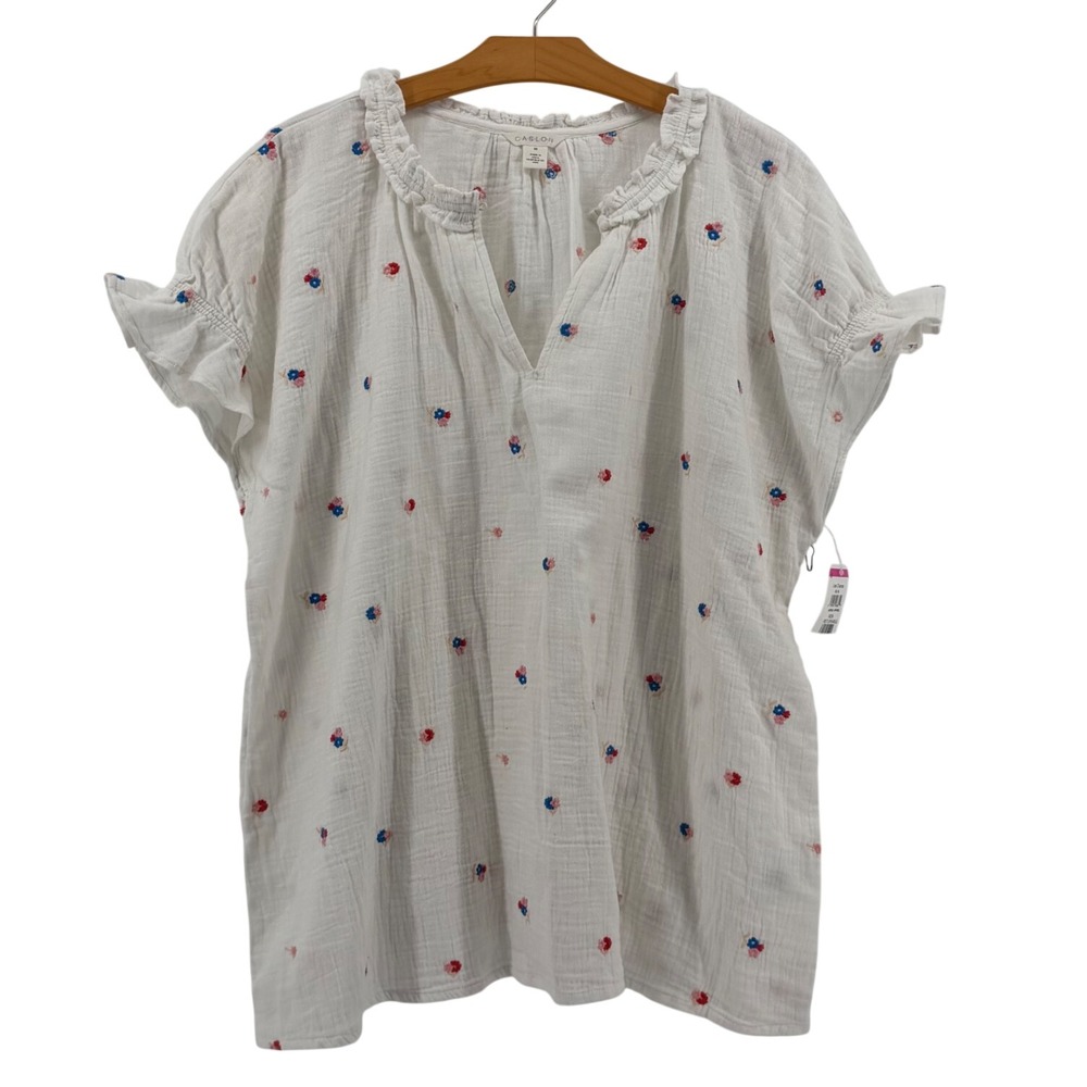 Caslon 100% Cotton White Gauze Embroidered Floral Blouse Plus Size 2X